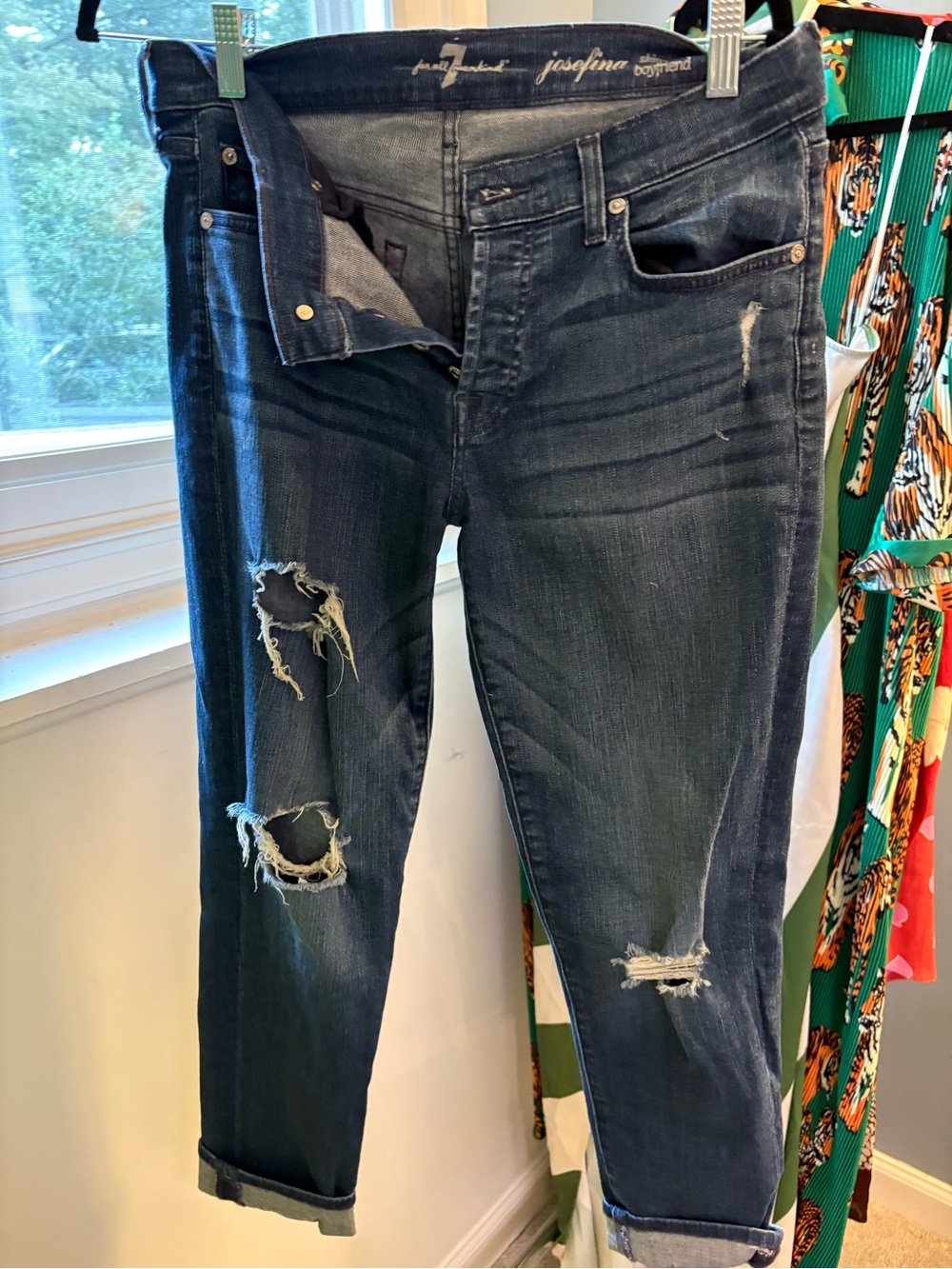 7 For All Mankind Dark Blue Distressed Boyfriend Jeans